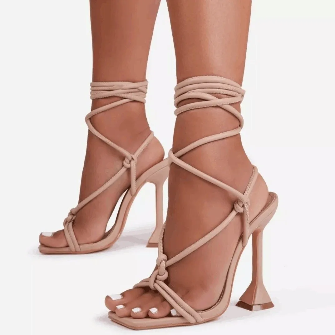 Women square peep toe chunky criss cross strappy lace up heels