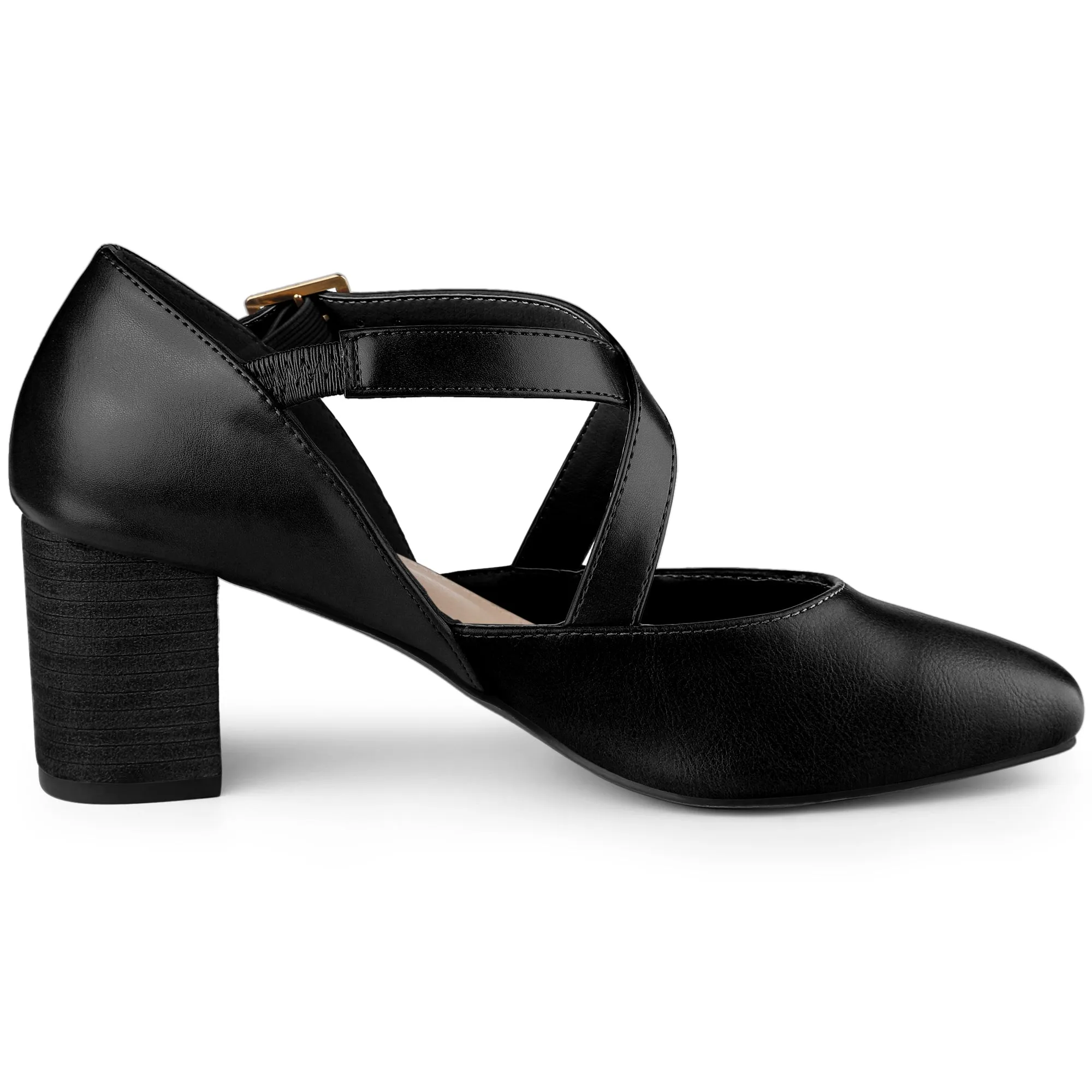 Women's Cross Strap Chunky Heels Mary Jane Pumps