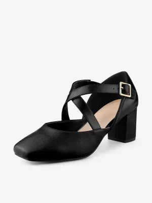 Women's Cross Strap Chunky Heels Mary Jane Pumps