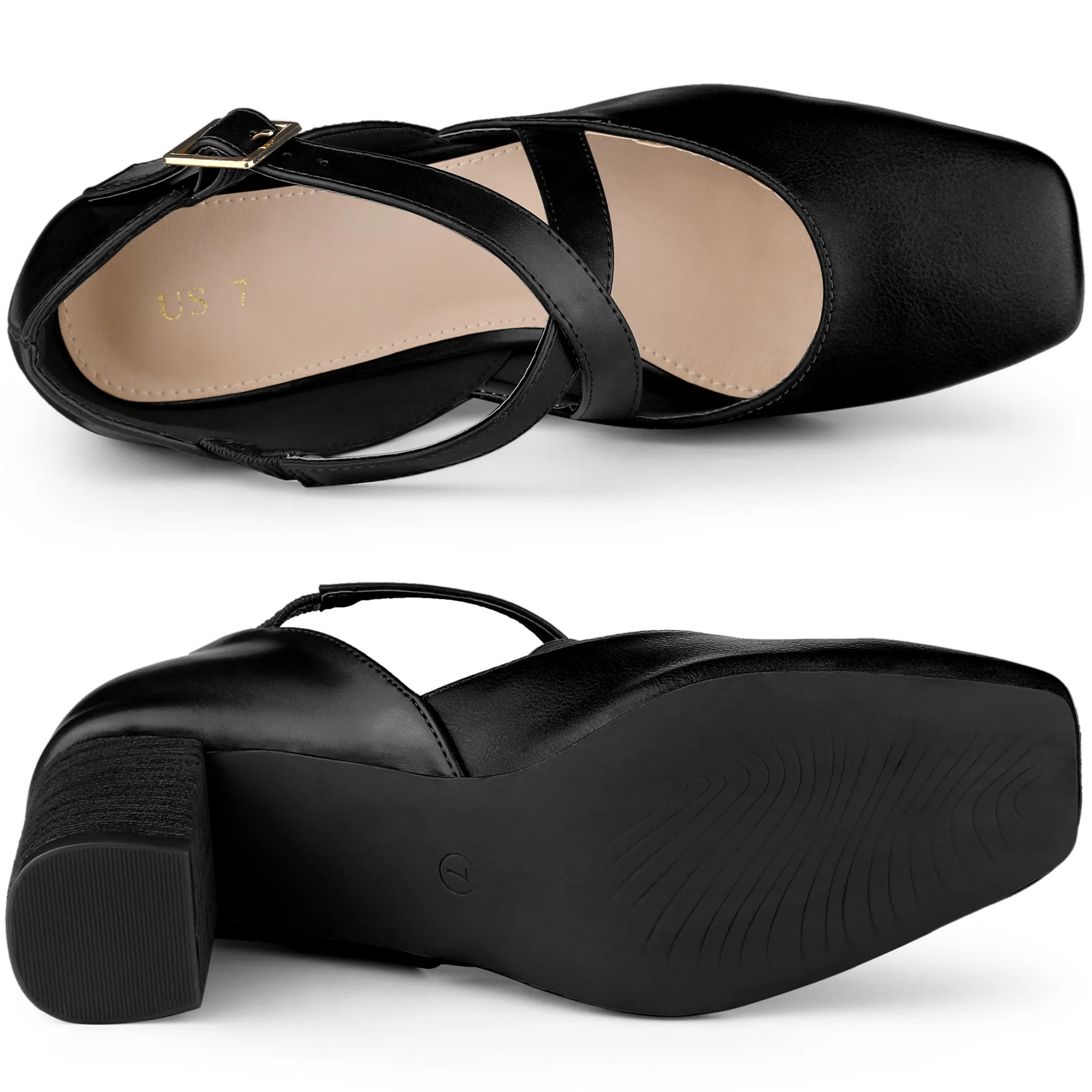 Women's Cross Strap Chunky Heels Mary Jane Pumps
