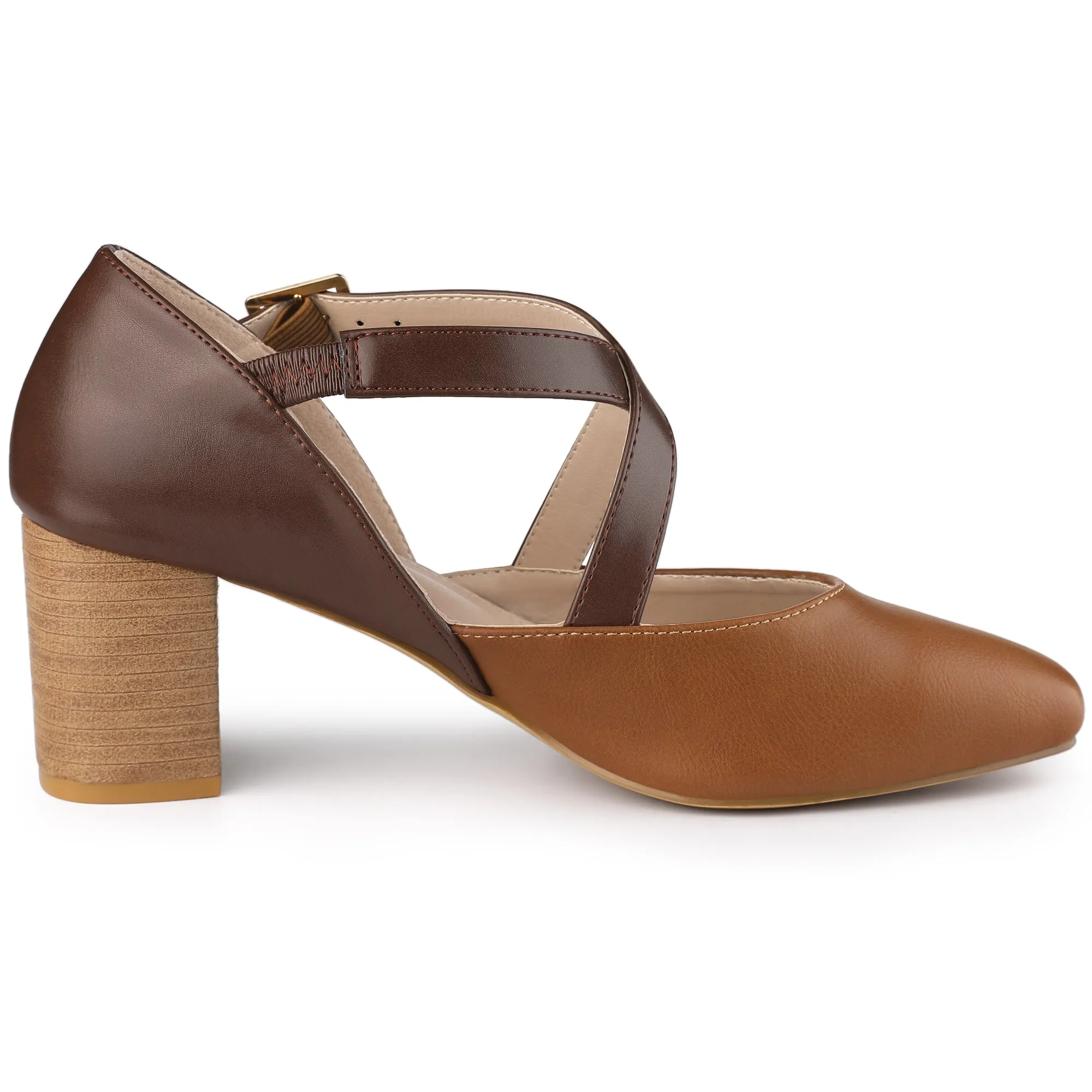 Women's Cross Strap Chunky Heels Mary Jane Pumps