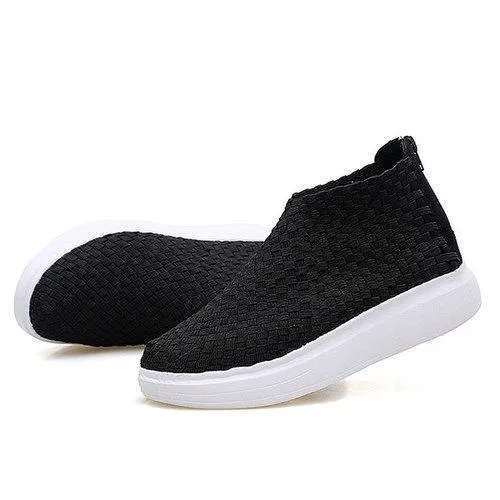 Woven Zipper Knitting High Top Breathable Flat Casual Shoes