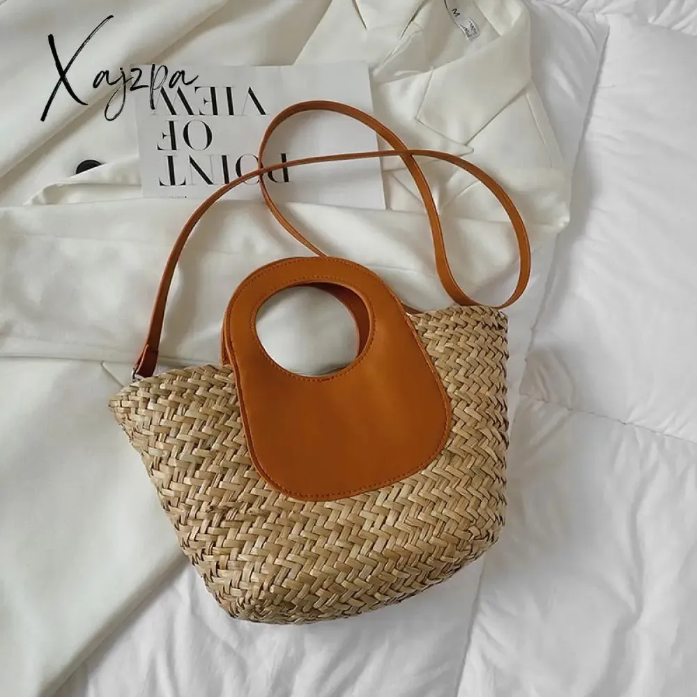 Xajzpa - Straw Summer Beach Bag Women Vintage Handmade Woven Shoulder Bag Shell Fashion Tote Vacation Casual Bucket Bag