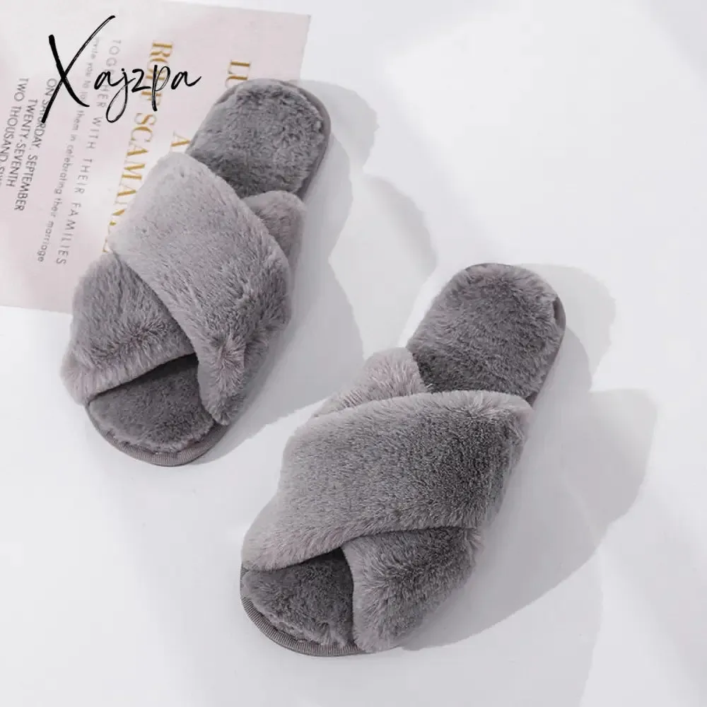 Xajzpa - Winter Women House Slippers Faux Fur Fashion Warm Shoes Woman Slip on Flats Female Slides Black Pink cozy home  furry slippers