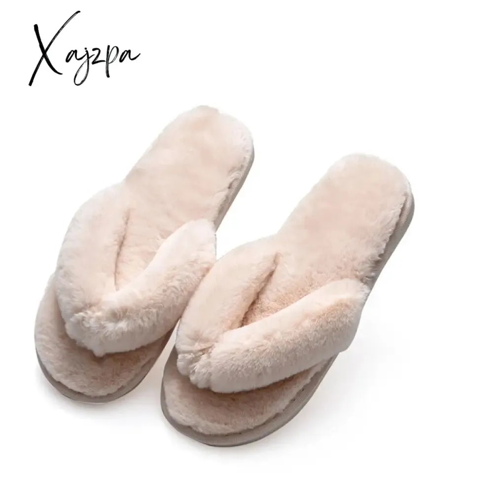 Xajzpa - Winter Women House Slippers Faux Fur Fashion Warm Shoes Woman Slip on Flats Female Slides Black Pink cozy home  furry slippers