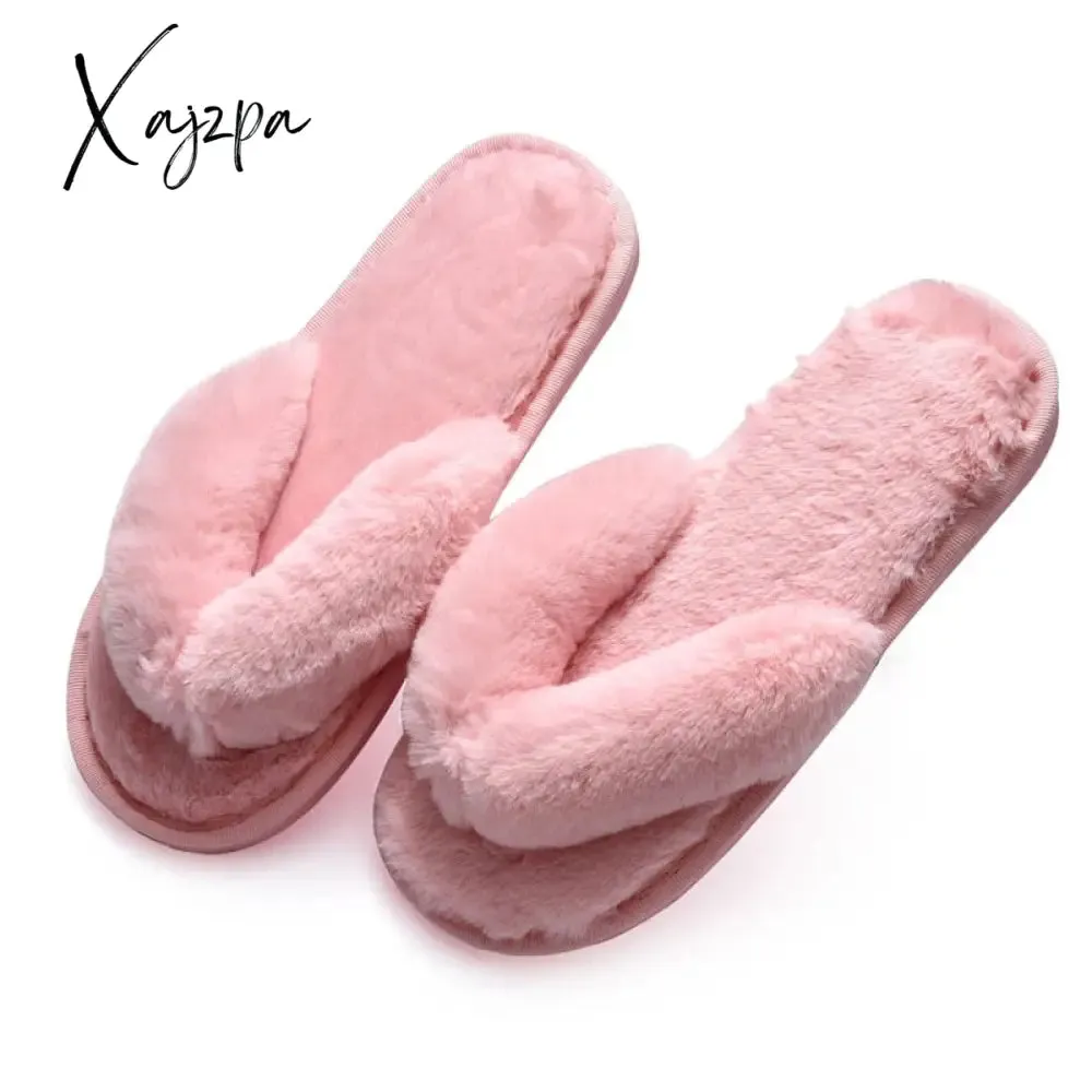 Xajzpa - Winter Women House Slippers Faux Fur Fashion Warm Shoes Woman Slip on Flats Female Slides Black Pink cozy home  furry slippers