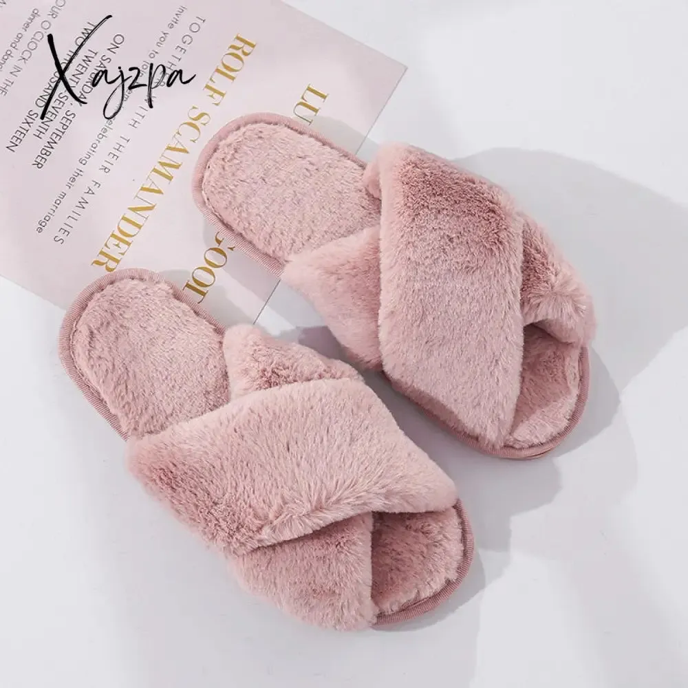 Xajzpa - Winter Women House Slippers Faux Fur Fashion Warm Shoes Woman Slip on Flats Female Slides Black Pink cozy home  furry slippers