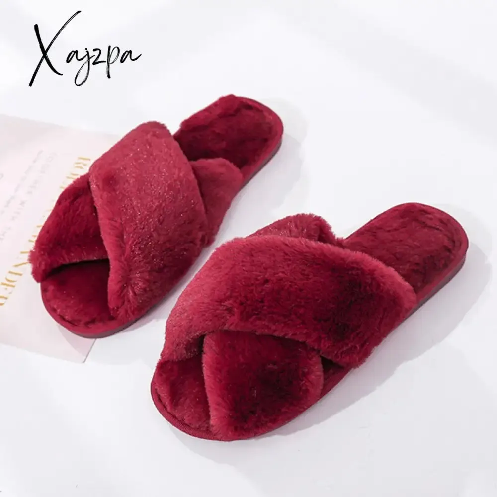 Xajzpa - Winter Women House Slippers Faux Fur Fashion Warm Shoes Woman Slip on Flats Female Slides Black Pink cozy home  furry slippers
