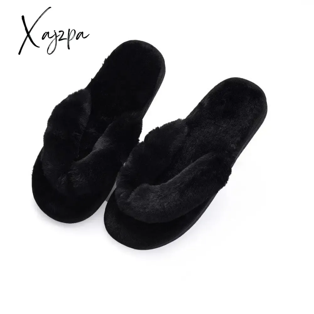 Xajzpa - Winter Women House Slippers Faux Fur Fashion Warm Shoes Woman Slip on Flats Female Slides Black Pink cozy home  furry slippers
