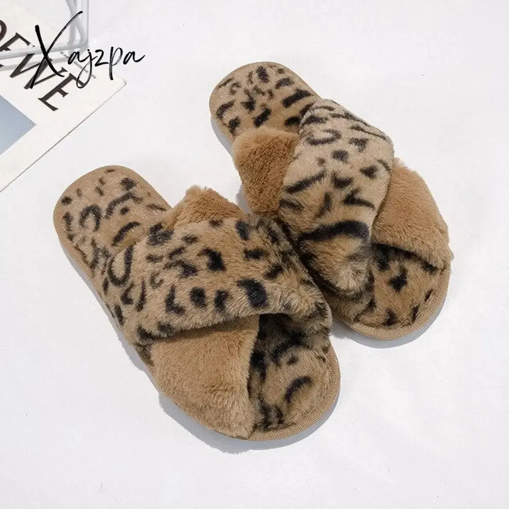 Xajzpa - Winter Women House Slippers Faux Fur Fashion Warm Shoes Woman Slip on Flats Female Slides Black Pink cozy home  furry slippers