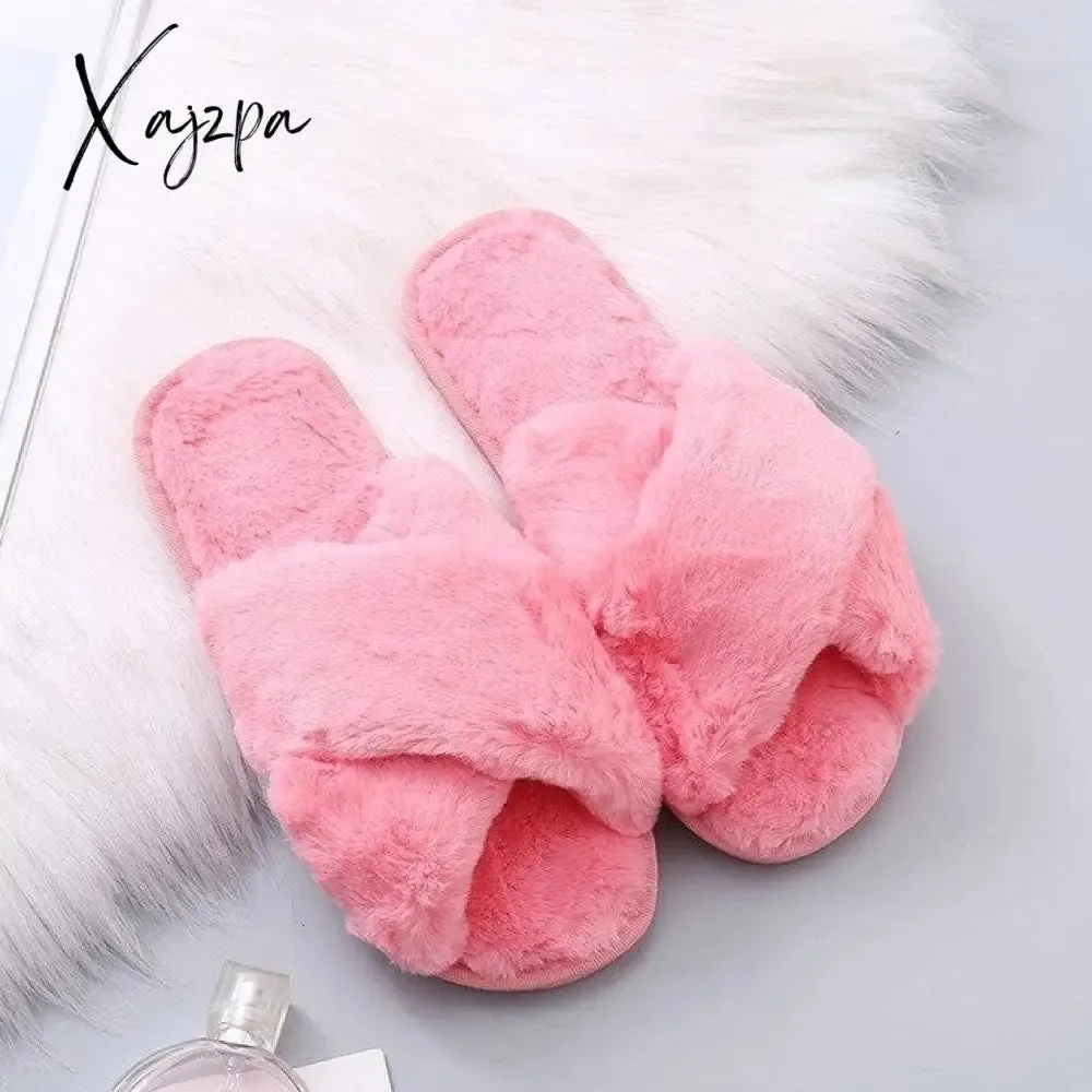 Xajzpa - Winter Women House Slippers Faux Fur Fashion Warm Shoes Woman Slip on Flats Female Slides Black Pink cozy home  furry slippers