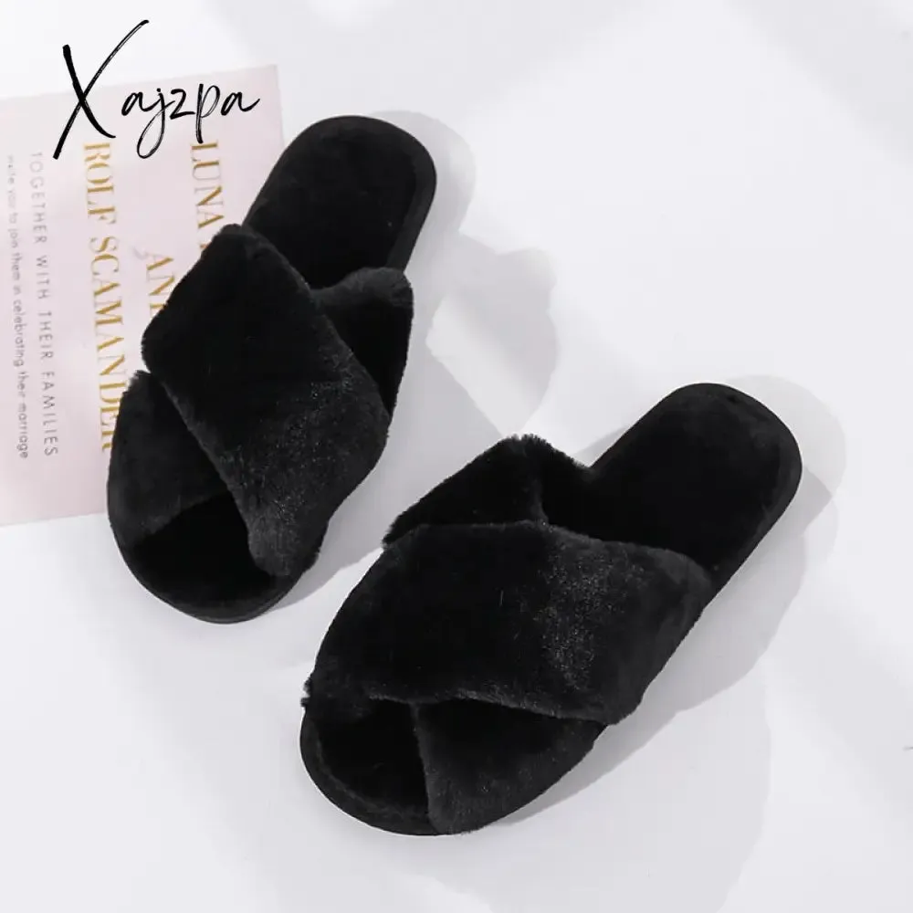 Xajzpa - Winter Women House Slippers Faux Fur Fashion Warm Shoes Woman Slip on Flats Female Slides Black Pink cozy home  furry slippers