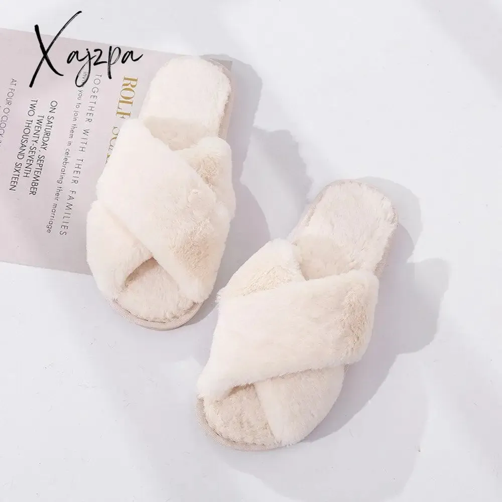 Xajzpa - Winter Women House Slippers Faux Fur Fashion Warm Shoes Woman Slip on Flats Female Slides Black Pink cozy home  furry slippers