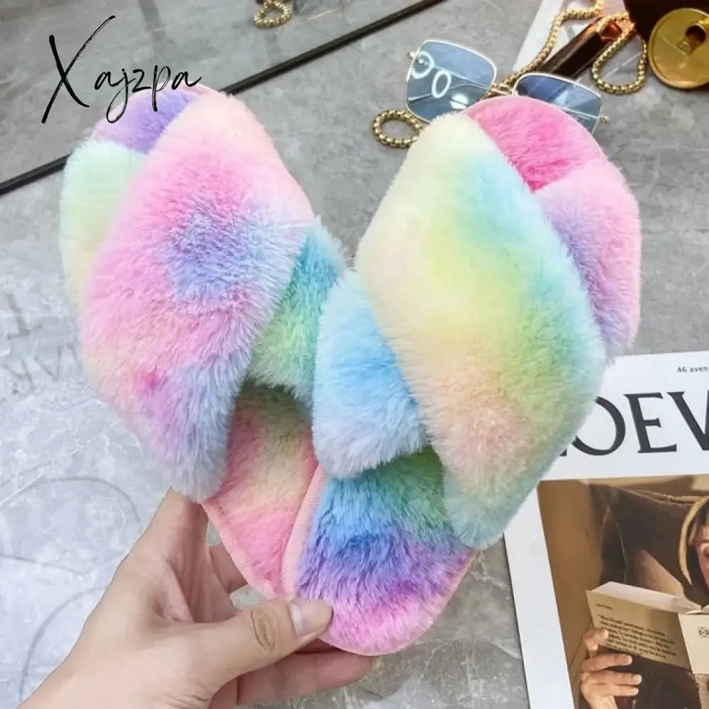 Xajzpa - Winter Women House Slippers Faux Fur Fashion Warm Shoes Woman Slip on Flats Female Slides Black Pink cozy home  furry slippers