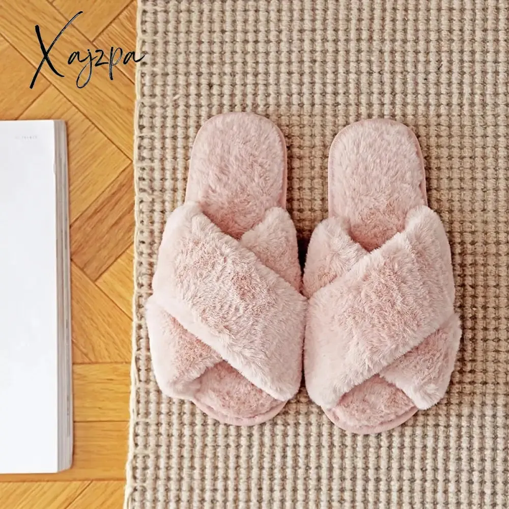 Xajzpa - Winter Women House Slippers Faux Fur Fashion Warm Shoes Woman Slip on Flats Female Slides Black Pink cozy home  furry slippers